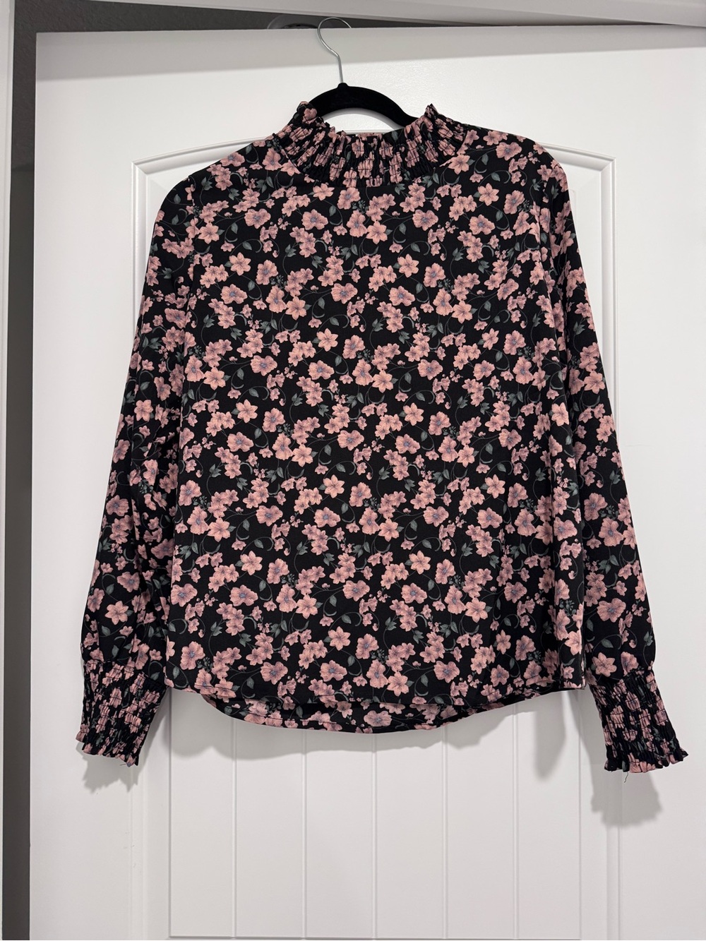 Smocked High-Neck Floral Blouse in Pink on Black